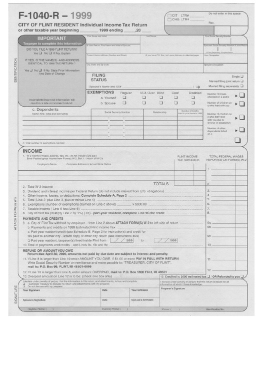 Form F-1040-R - City Of Flint Resident Individual Income Tax Return - 1999 Printable pdf