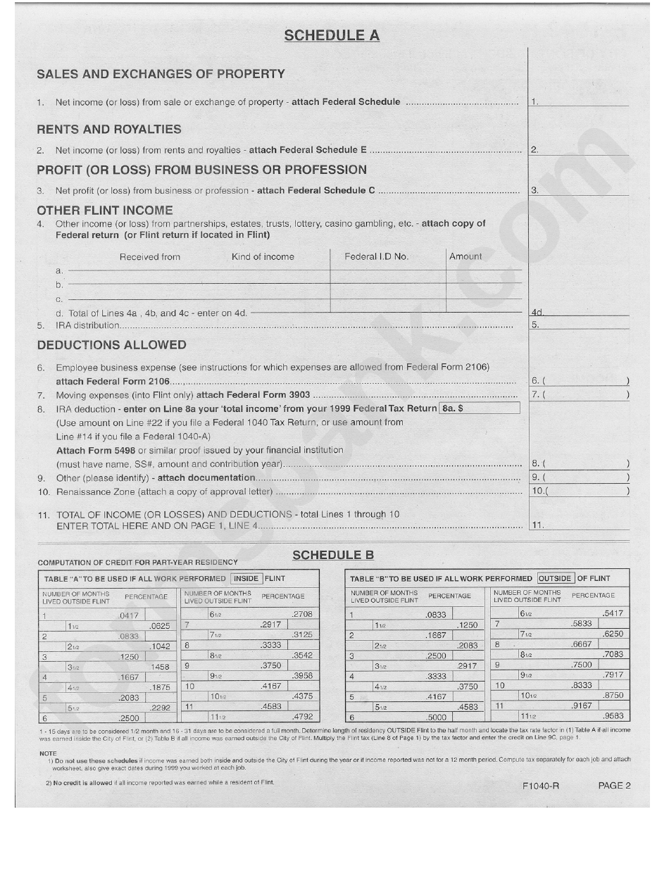 Form F-1040-R - City Of Flint Resident Individual Income Tax Return - 1999