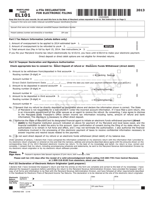Fillable Maryland Form El101 - E-File Declaration For Electronic Filing - 2013 Printable pdf