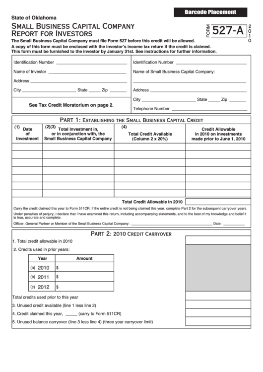 Form 527-A - Small Business Capital Company Report For Investors - 2010 Printable pdf