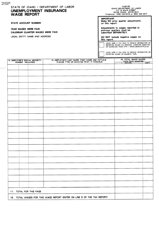Form Tax026 - Unemployment Insurance Wage Report Printable pdf