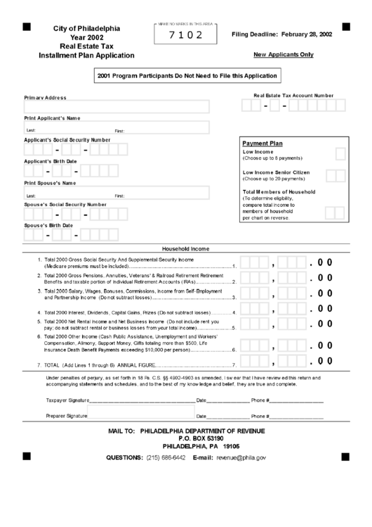 Real Estate Tax Installment Plan Application - Philadelphia Department Of Revenue - 2002 Printable pdf