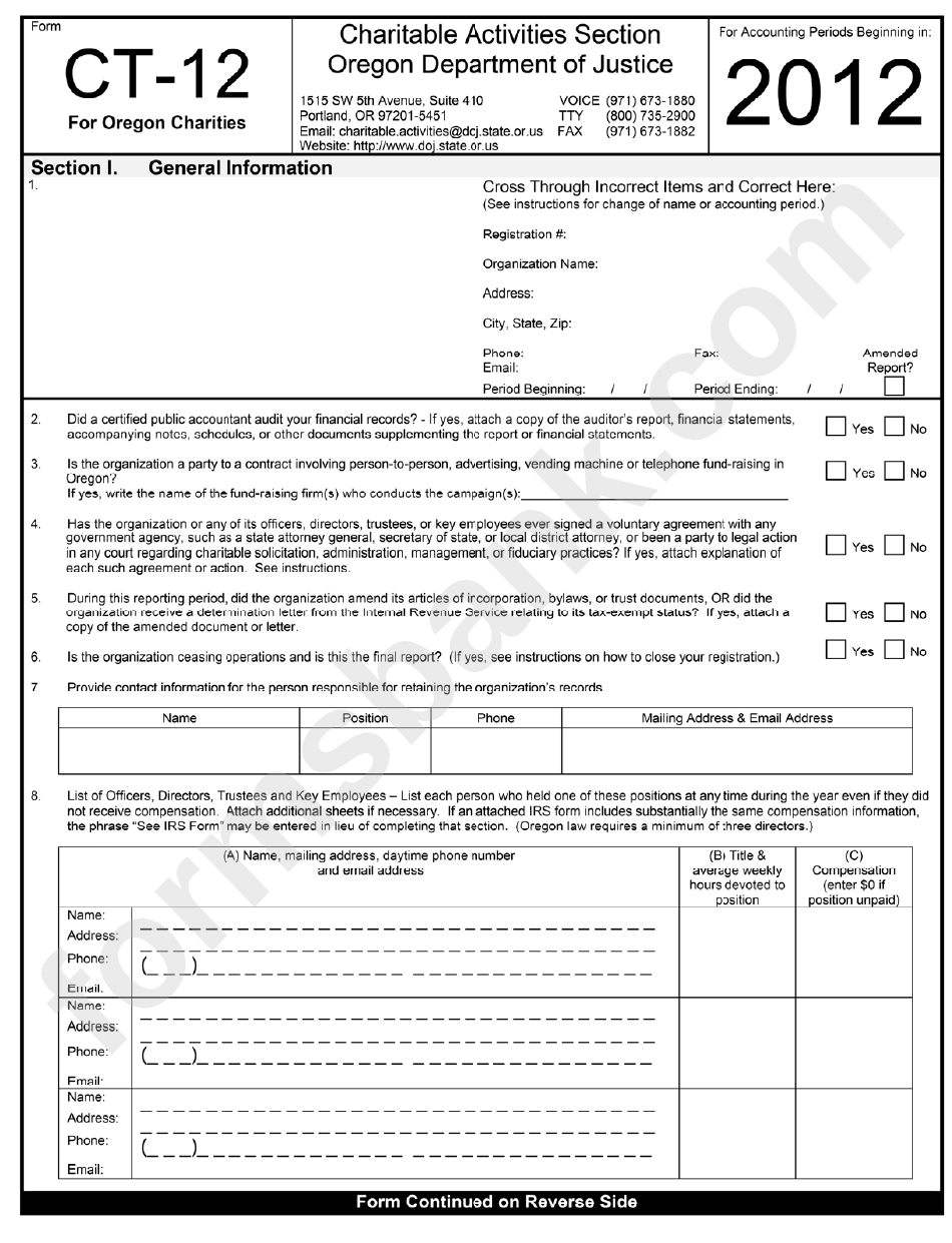 Form Ct-12 - Charitable Activities Section Oregon Department Of Justice - 2012