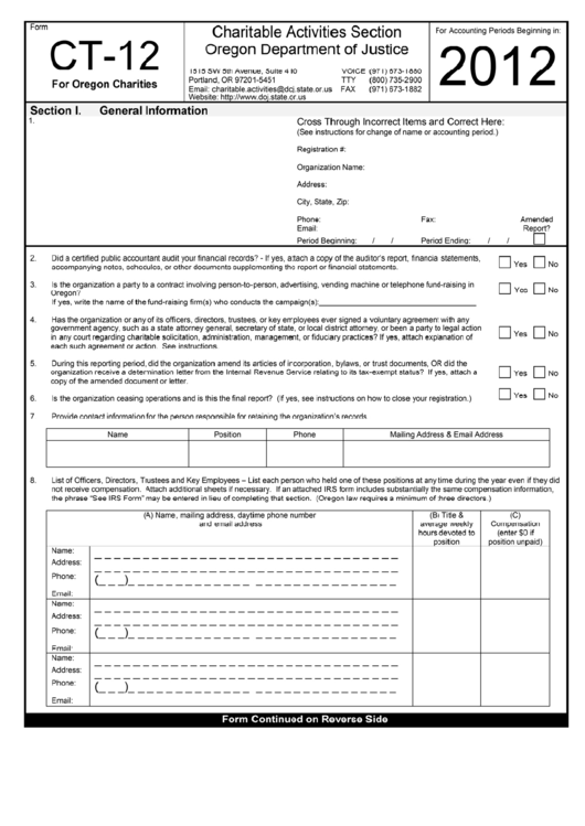 Form Ct-12 - Charitable Activities Section Oregon Department Of Justice - 2012 Printable pdf