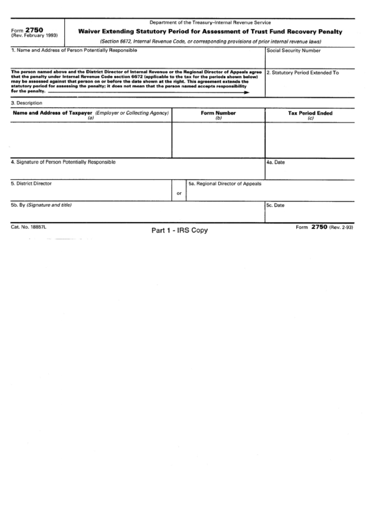 Form 2750 - Waiver Extending Statutory Period For Assessment Of Trust Fund Recovery Penalty - 1993 Printable pdf