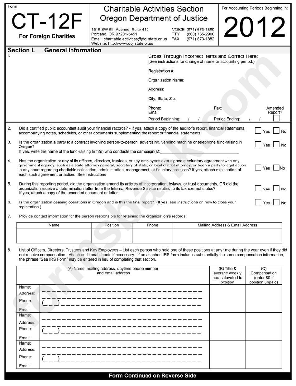 Form Ct-12f - Charitable Activities Section Oregon Department Of Justice - 2012