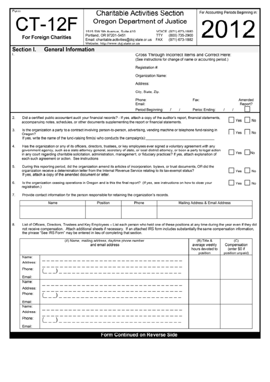 Form Ct-12f - Charitable Activities Section Oregon Department Of Justice - 2012 Printable pdf
