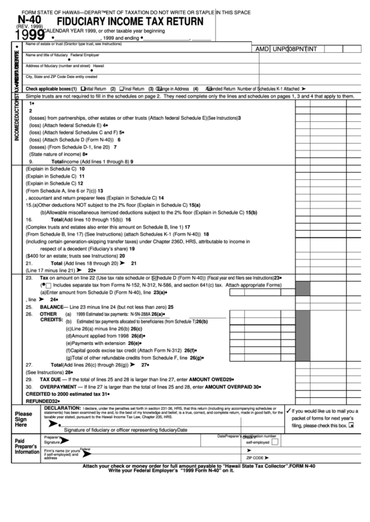 Form N-40 - Fiduciary Income Tax Return - 1999 Printable pdf