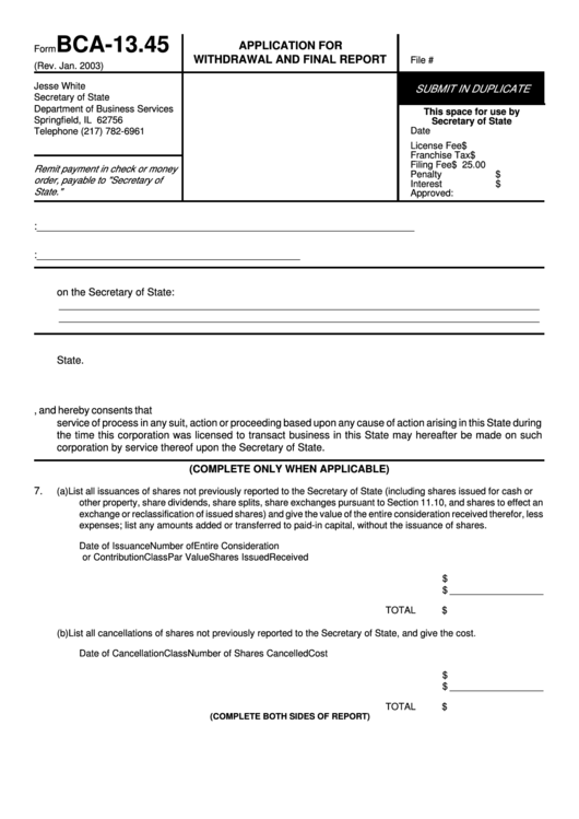 Fillable Form Bca-13.45 - Application For Withdrawal And Final Report Printable pdf