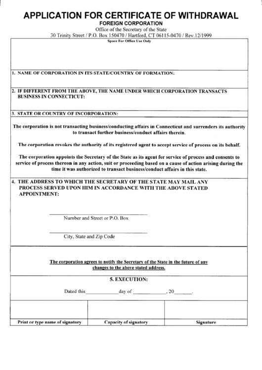 Application For Certificate Of Withdrawal - Connecticut Secretary Of The State - 1999 Printable pdf