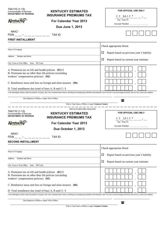 Form 74a110 - Kentucky Estimated Insurance Premiums Tax - 2013 Printable pdf