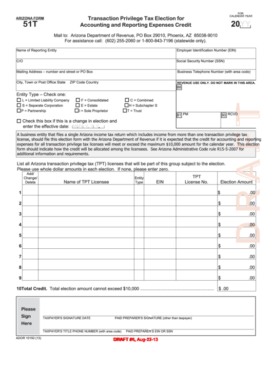 Form 51t - Transaction Privilege Tax Election For Accounting And Reporting Expenses Credit - 2013 Printable pdf