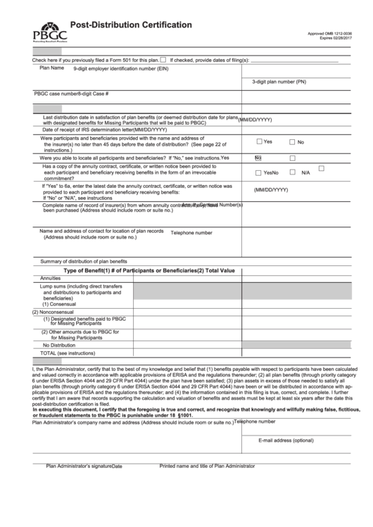 Fillable Form 501 - Post-Distribution Certification For Standard Termination Printable pdf