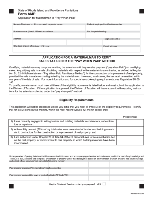 Form Amp - Application For A Materialman To Remit Sales Tax Under The "Pay When Paid" Method - 2016 Printable pdf