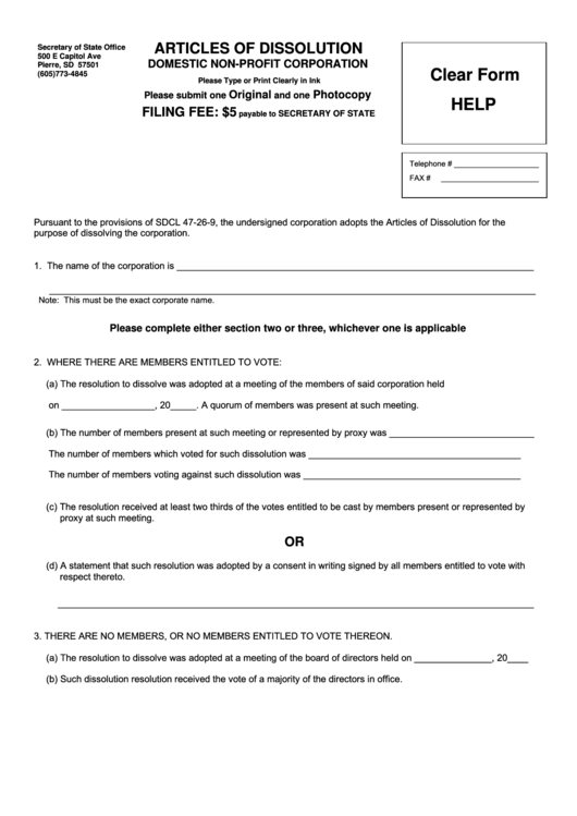 Articles Of Dissolution Form - 2012 Printable pdf