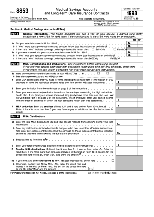 Fillable Form 8853 - Medical Savings Accounts And Long-Term Care Insurance Contracts - 1998 Printable pdf