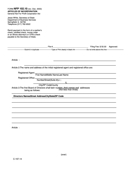 Form Nfp 102.10 - Articles Of Incorporation - 2003 Printable pdf