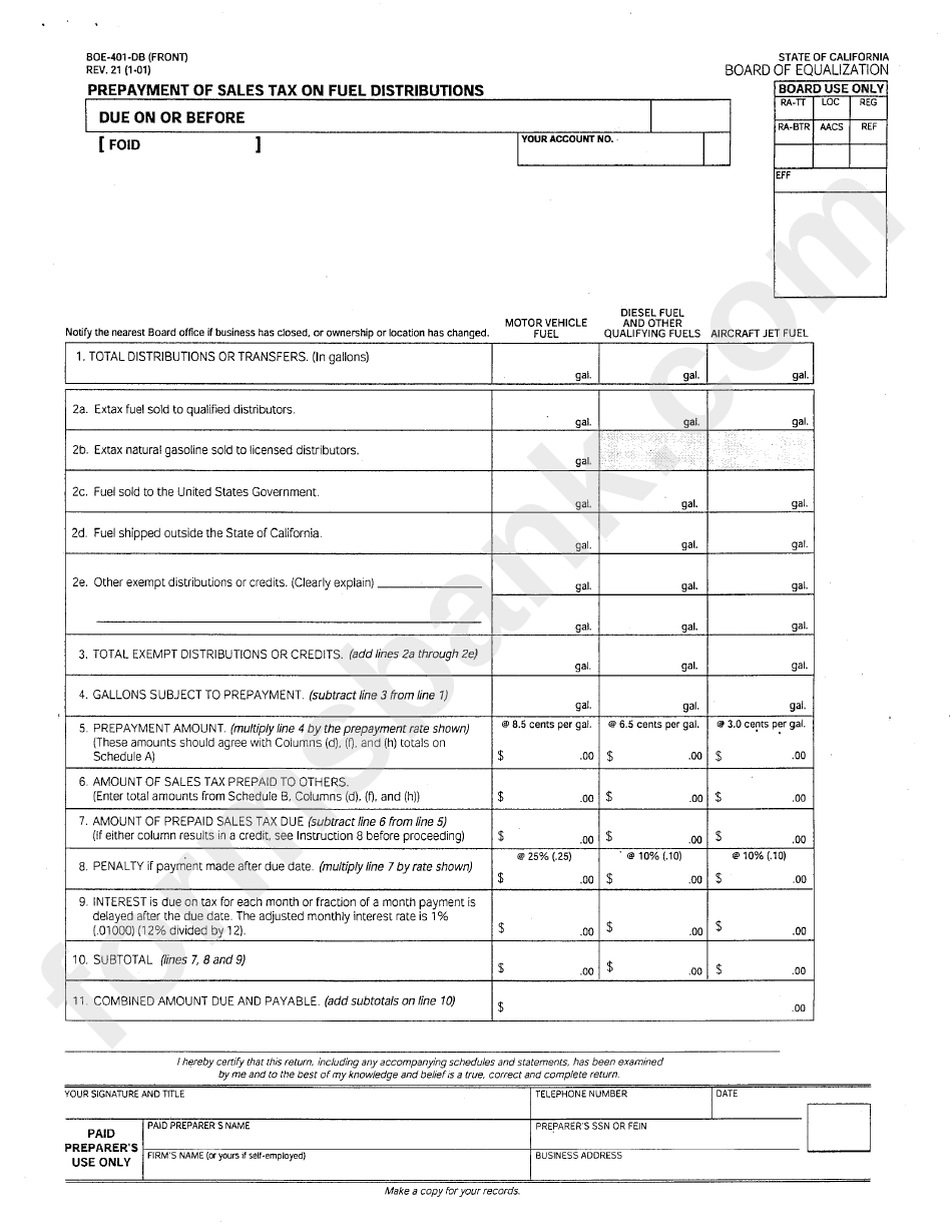 Form Boe-401-Db - Prepayment Of Sales Tax On Fuel Distributions - California Board Of Equalization
