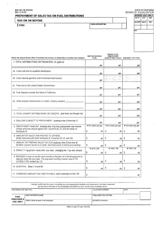 Form Boe-401-Db - Prepayment Of Sales Tax On Fuel Distributions - California Board Of Equalization Printable pdf