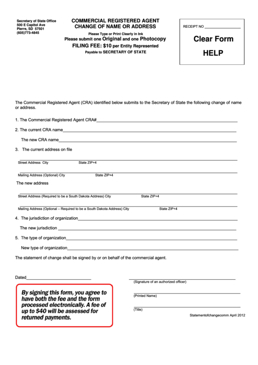 Commercial Registered Agent Change Of Name Or Address Form - 2012 Printable pdf