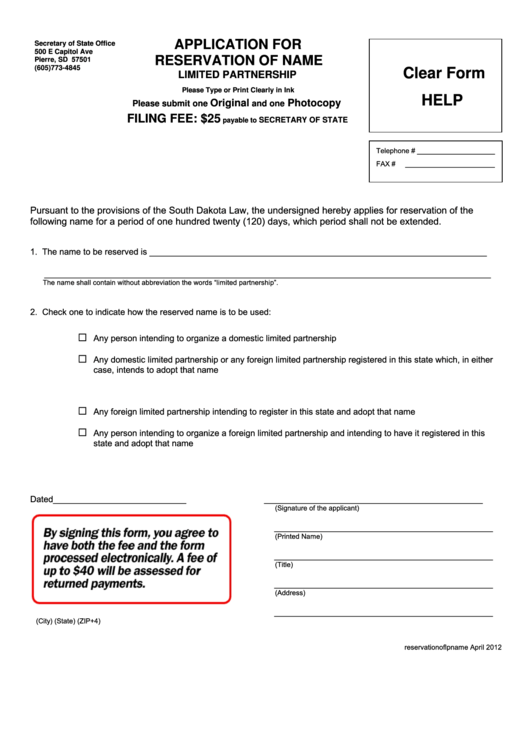 Application For Reservation Of Name Form - 2012 Printable pdf