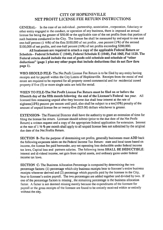 Net Profit License Fee Return Instructions - City Of Hopkinsville Printable pdf