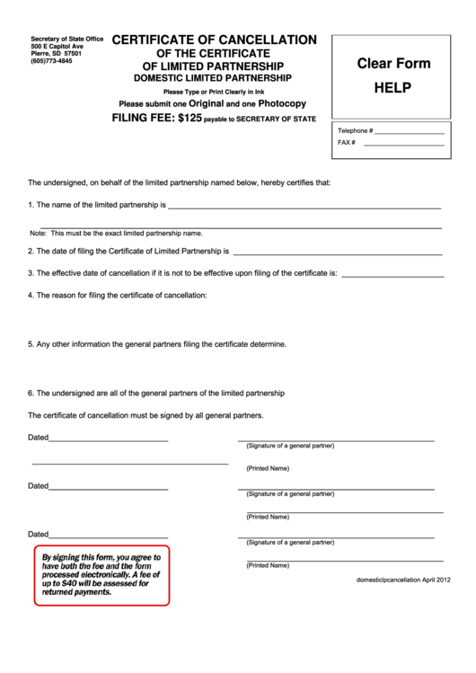 Certificate Of Cancellation Of The Certificate Of Limited Partnership - 2012 Printable pdf