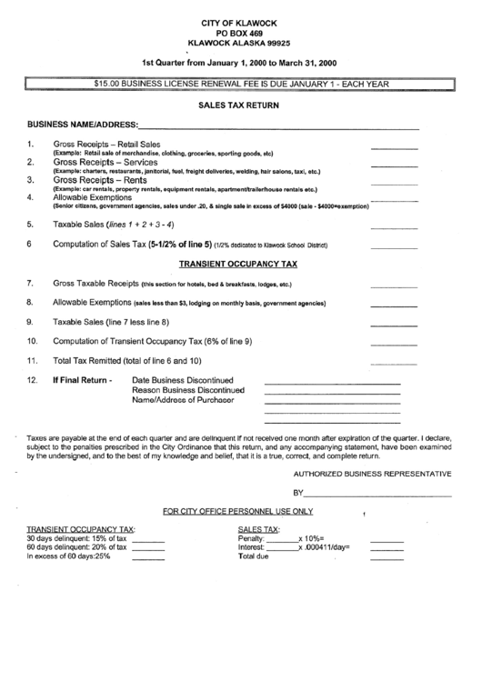 Sales Tax Return - City Of Klawock - 2000 Printable pdf