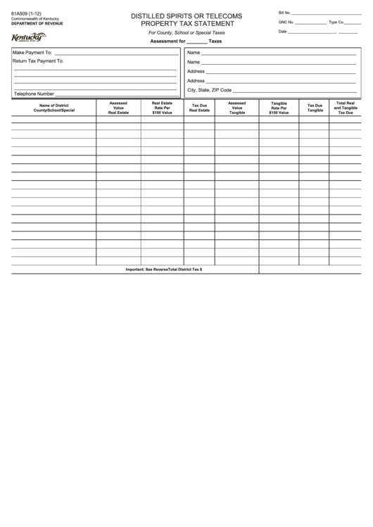 Form 61a509 - Distilled Spirits Or Telecoms Property Tax Statement Lin - 2012 Printable pdf