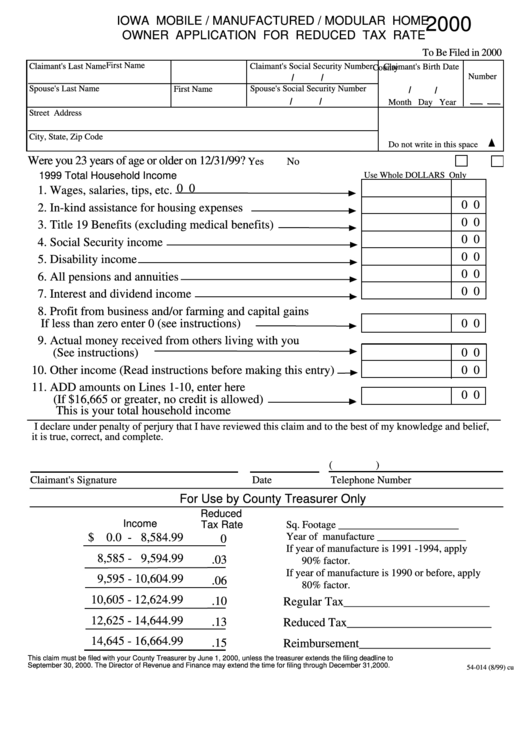 Form S4-014 - Iowa Mobile / Manufactured / Modular Home Owner Application For Reduced Tax Rate (2000) Printable pdf