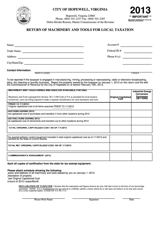 Return Of Machinery And Tools For Local Taxation Form - 2013 Printable pdf