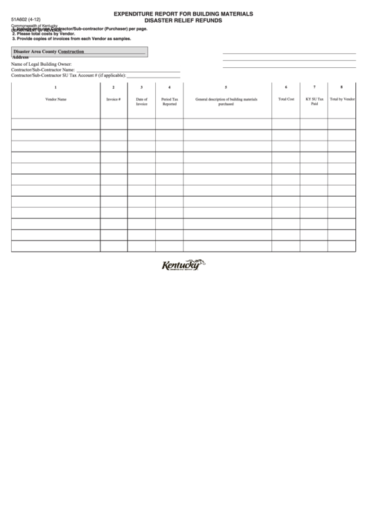 Form 51a602 (4-1) - Expenditure Report For Building Materials Disaster Relief Refunds Printable pdf