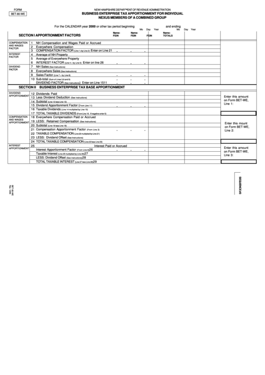 Form Bet-80-We - Business Enterprise Tax Apportionment For Individual Nexus Members Of A Combined Group - 2000 Printable pdf