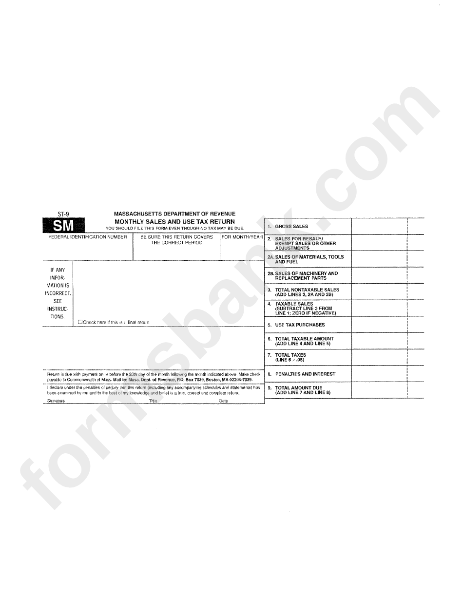 Form St-9 Sm - Monthly Sales And Use Tax Return