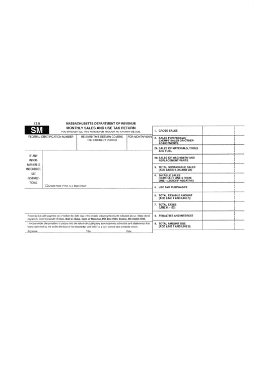 Form St-9 Sm - Monthly Sales And Use Tax Return Printable pdf