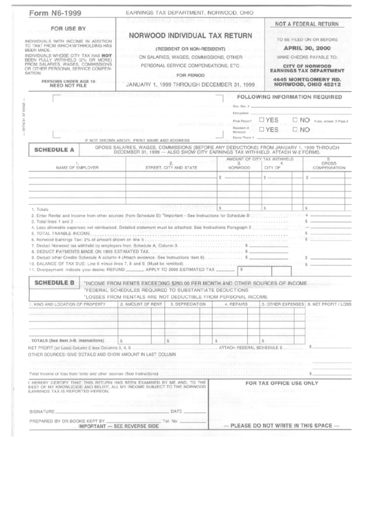 Form N6-1999 - Norwood Individual Tax Return - Ohio Printable pdf