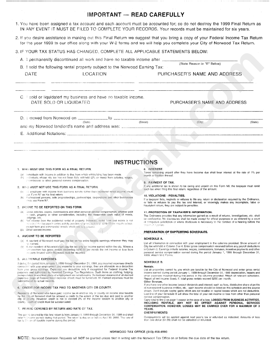 Form N6-1999 - Norwood Individual Tax Return - Ohio