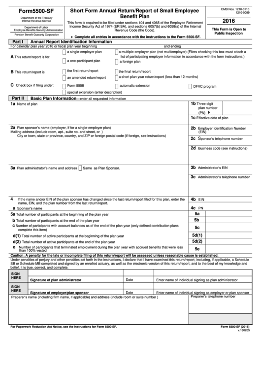 Fillable Form 5500-Sf - Short Form Annual Return/report Of Small Employee Benefit Plan - 2016 Printable pdf