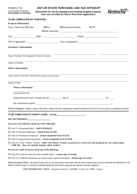 Form 51a280 (7-13) - Out-Of-State Purchase-Use Tax Affidavit Printable pdf