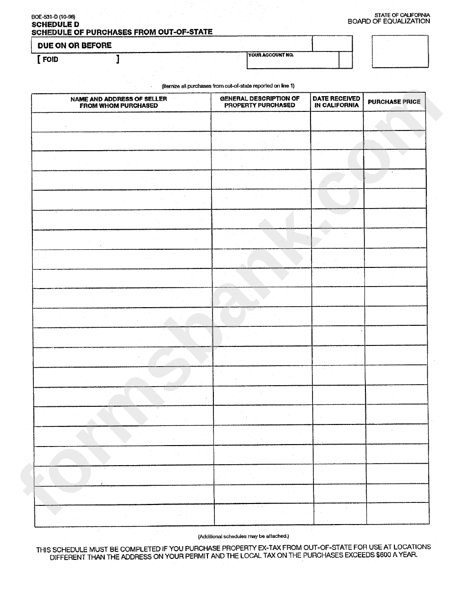 Form Boe-531-D - Schedule D - Schedule Of Purchases From Out-Of-State - 1998