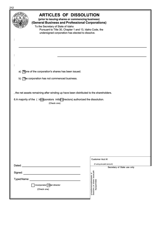 Articles Of Dissolution Form - Secretary Of State Idaho Printable pdf