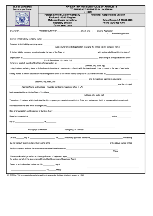 Form 972 - Application For Certificate Of Authority To Transact Business In Louisiana Printable pdf