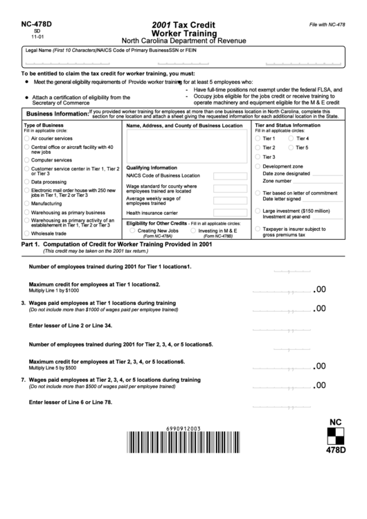Form Nc-478d - Tax Credit Worker Training - 2001 Printable pdf