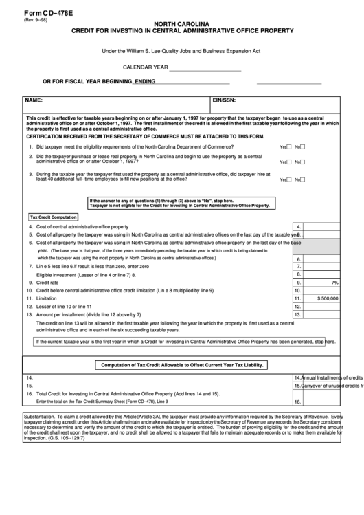 Fillable Form Cd-478e - Credit For Investing In Central Administrative Office Property Printable pdf