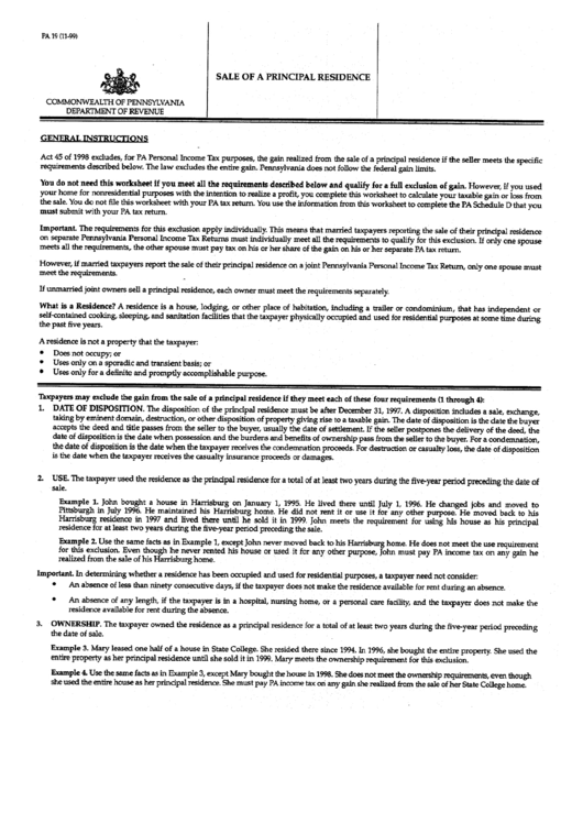 Form Pa19 - Sale Of A Principal Residence Instructions - Pennsylvania Printable pdf