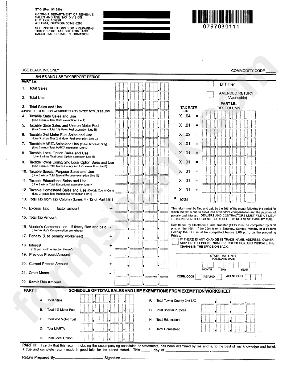 Form St-3 - Sales And Use Tax Report - Georgia Department Of Revenue