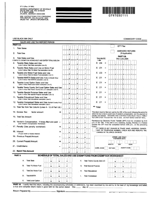 Form St-3 - Sales And Use Tax Report - Georgia Department Of Revenue Printable pdf