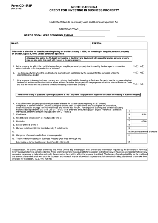 Fillable Form Cd-478f - Credit For Investing In Business Property - North Carolina Printable pdf