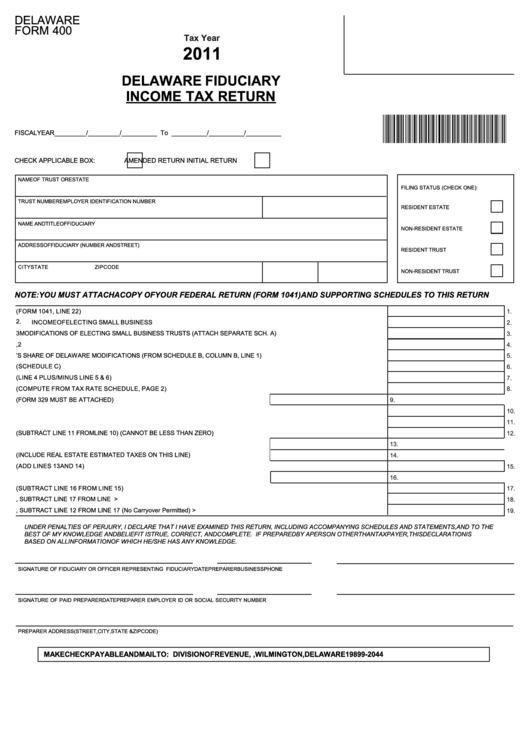 Delaware Form 400 - Fiduciary Income Tax Return - 2011 Printable pdf