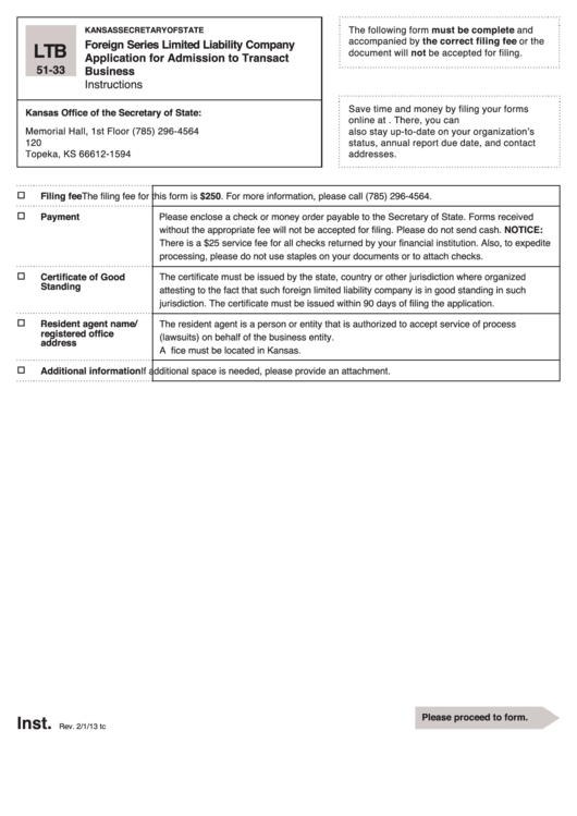 Form Ltb 51-33 - Foreign Series Limited Liability Company Application For Admission To Transact Busines - 2013 Printable pdf